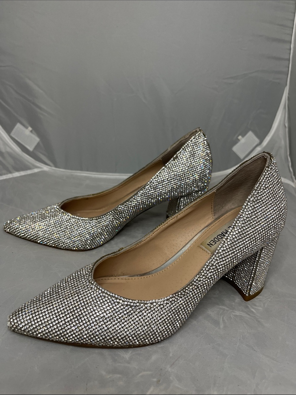Steve Madden Savy Silver Crystal Pointed Toe Block Heels - Size 6